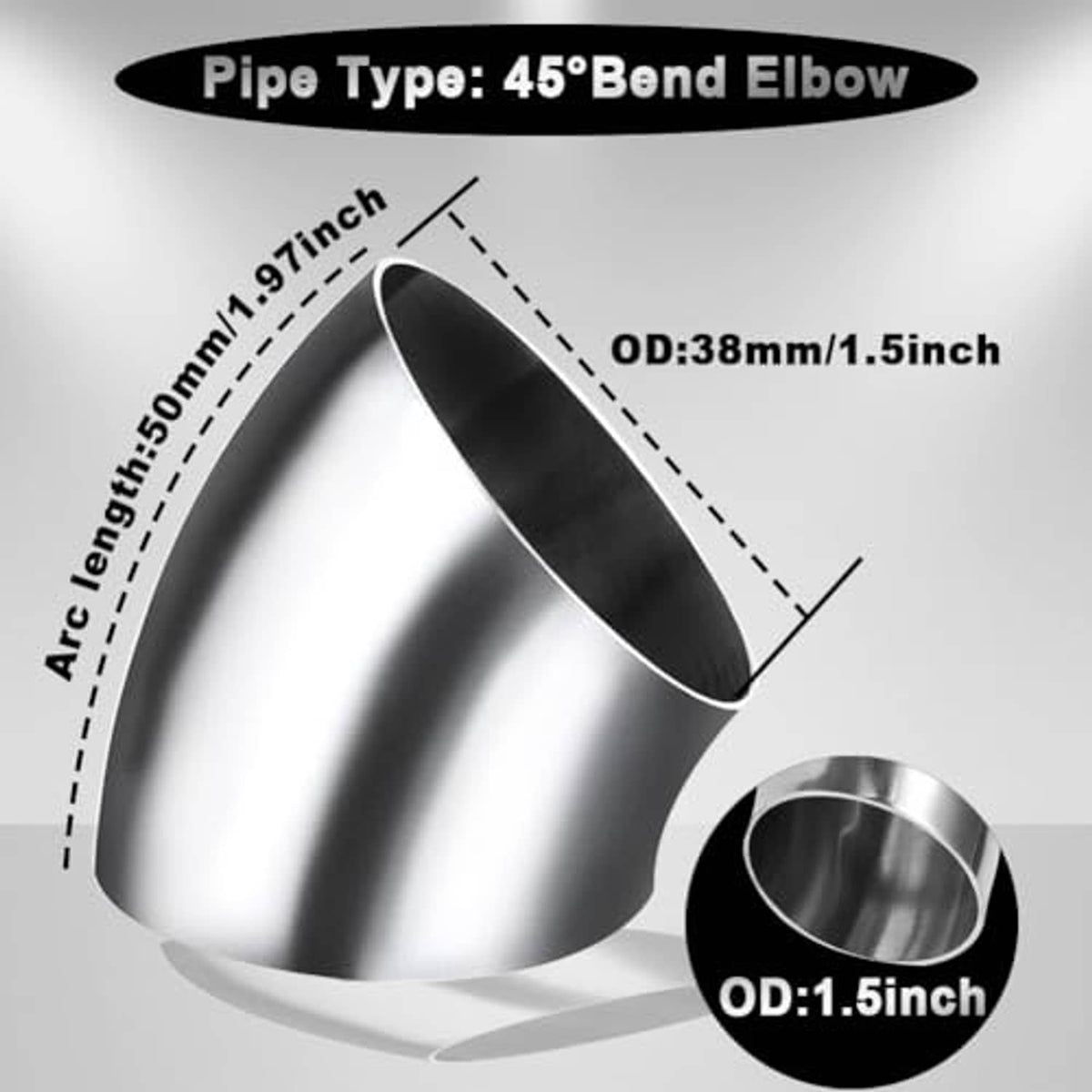 45-degree stainless steel exhaust elbow with tapered end, brushed silver