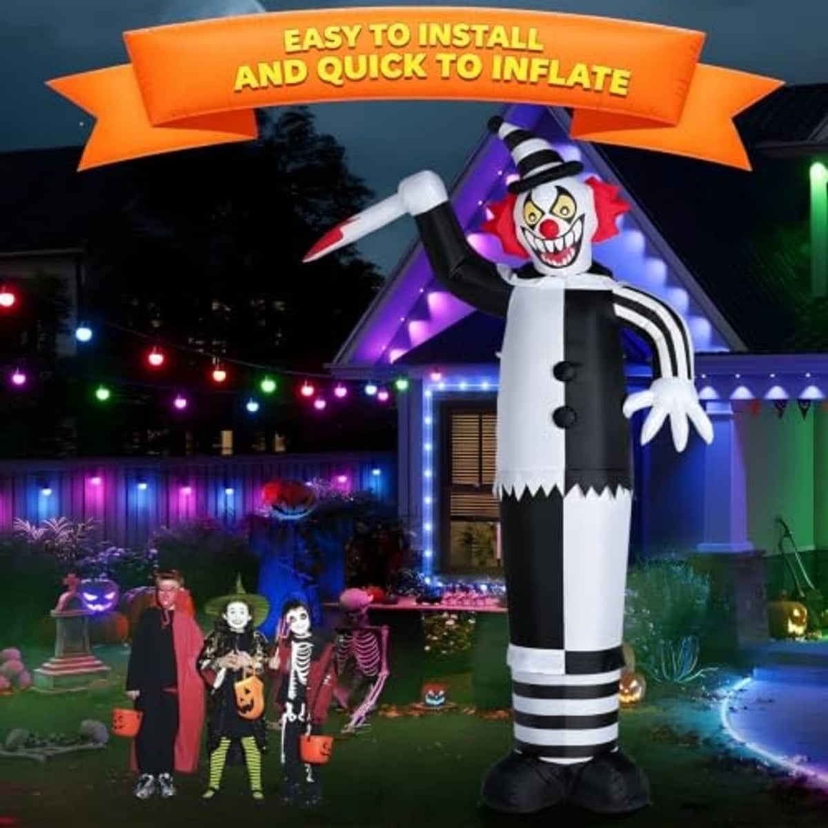 12ft inflatable clown with LED lights, red smiling face, black top hat and white gloves
