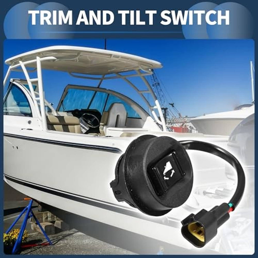 Black trim and tilt switch mounted on boat console with white arrow icon