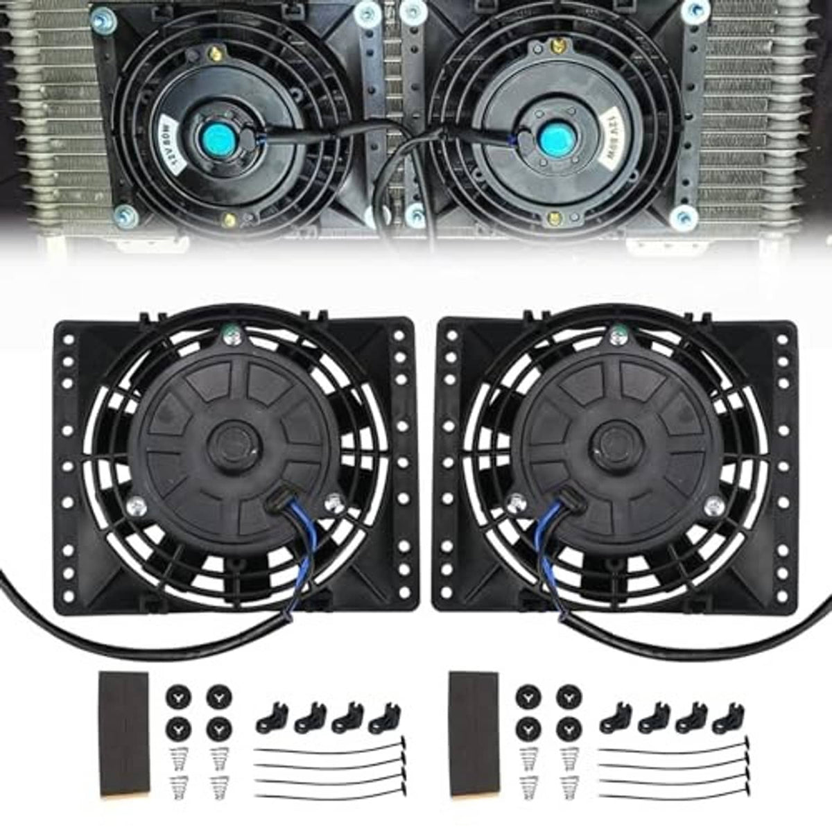 Two black 6-inch radiator cooling fans on square mounts with blue wire leads
