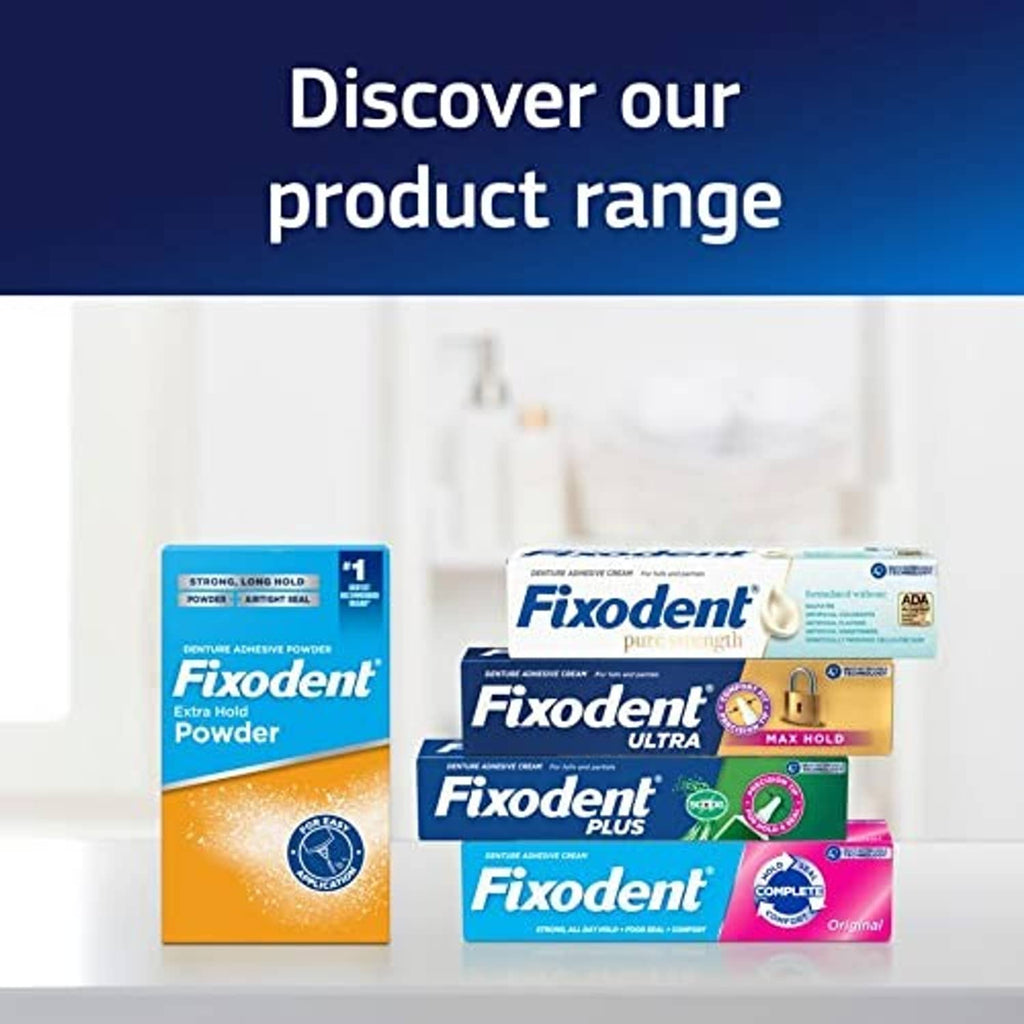 Fixodent denture adhesive boxes lineup, featuring Ultra max hold