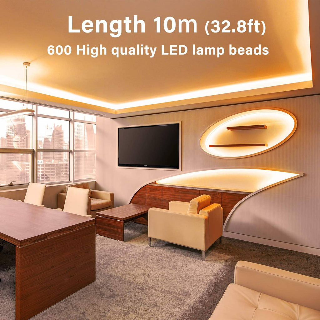 Warm white LED strip light installed along ceiling edge for bright linear lighting