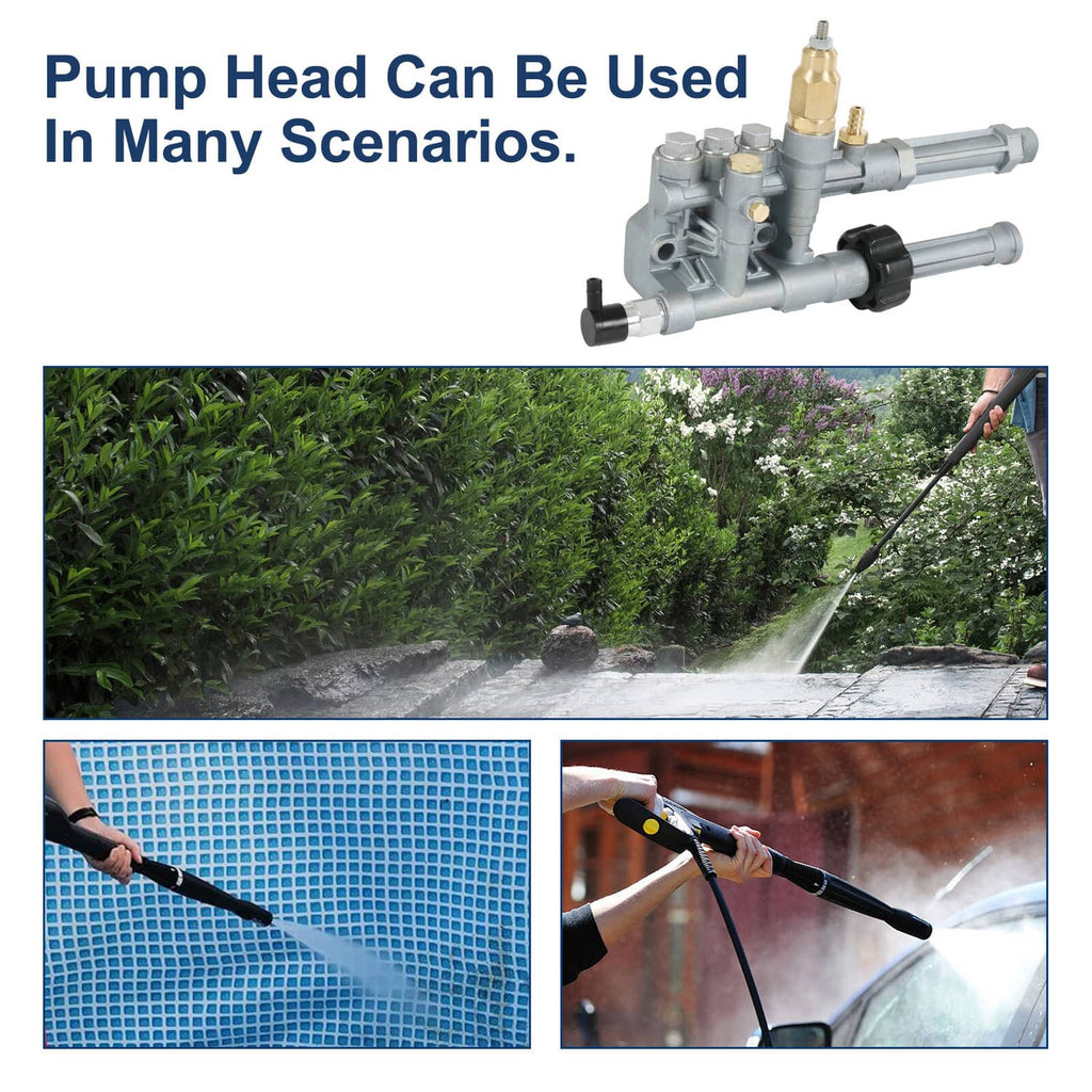 Pressure washer pump head assembly with grey housing, brass connectors, and black valve parts