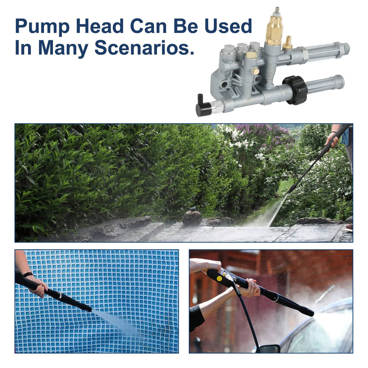 Pressure washer pump head assembly with grey housing, brass connectors, and black valve parts