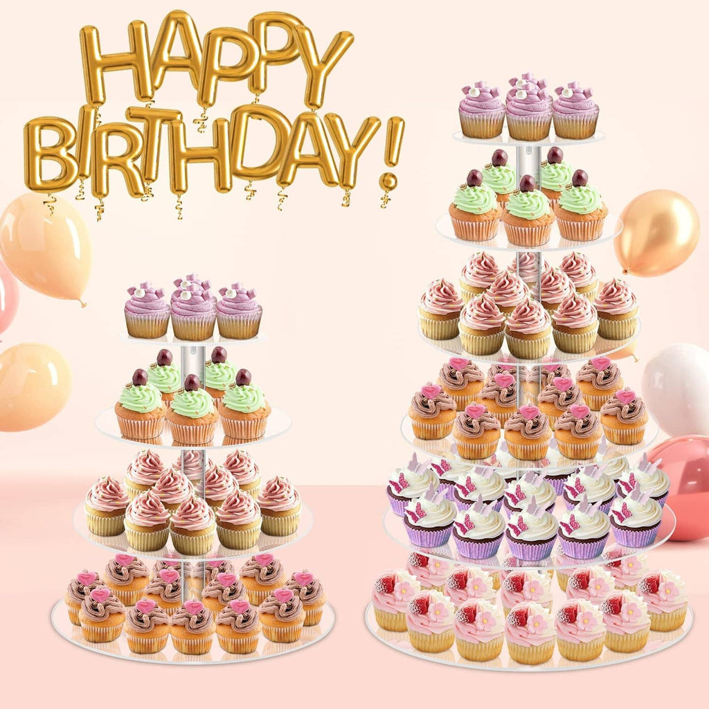 6-tier acrylic cupcake stand with assorted swirled cupcakes on circular platforms