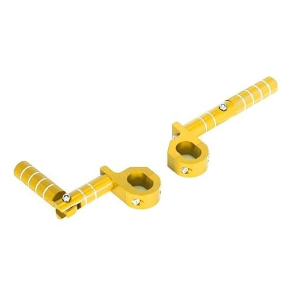 Pair of gold folding rear passenger footrest pegs with mounting blocks