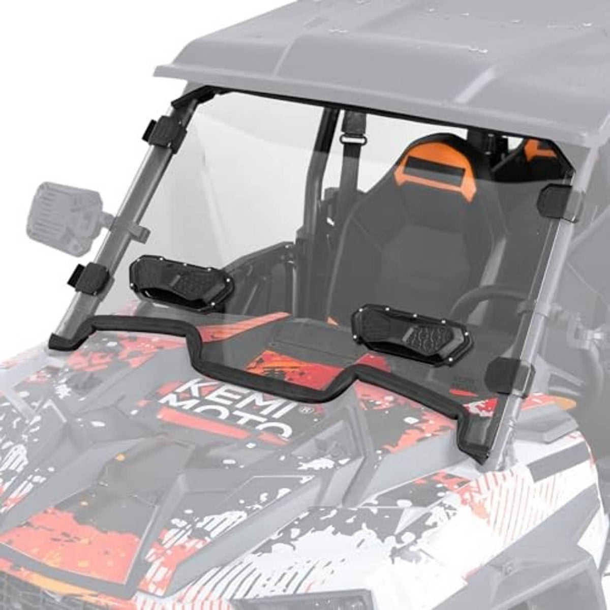 3-in-1 vented UTV windshield with clear panel and black mounting brackets