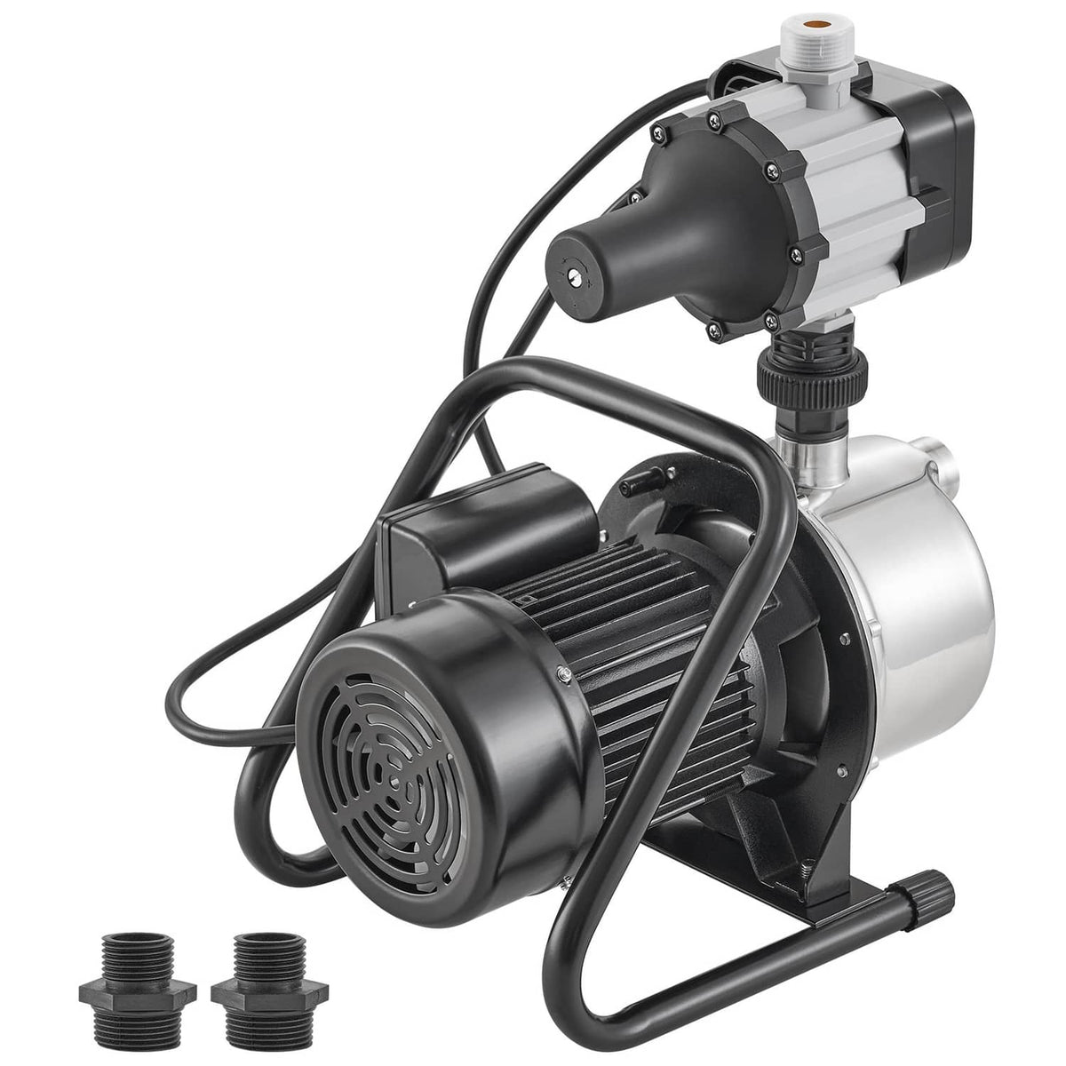 Shallow well jet pump with black motor housing, stainless pump body, and inlet/outlet ports.