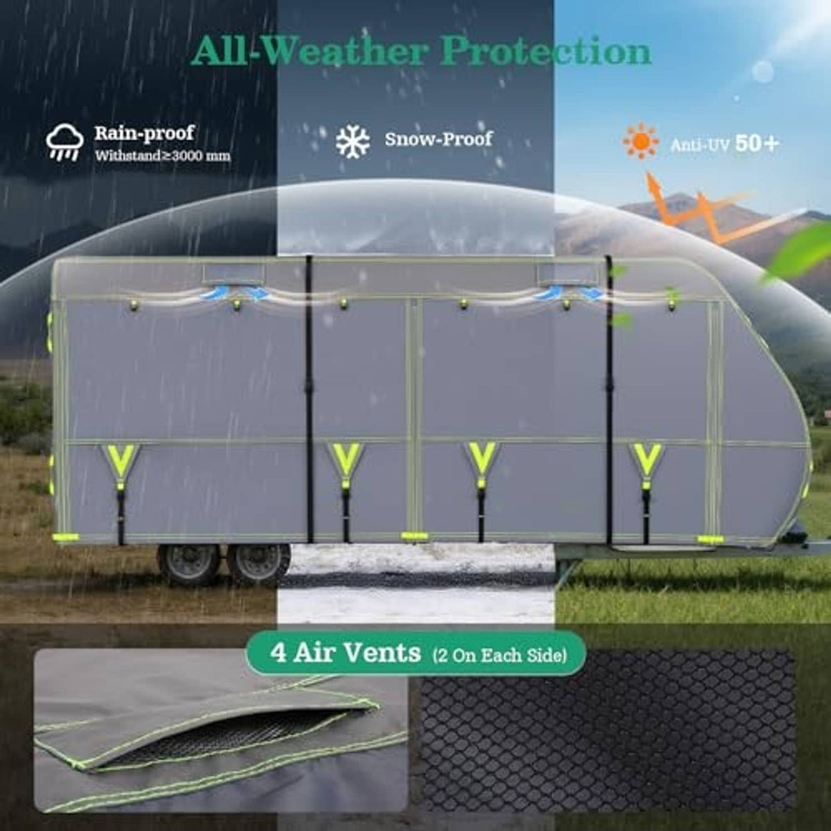 Gray RV trailer cover with air vents and weatherproof fabric texture panels.
