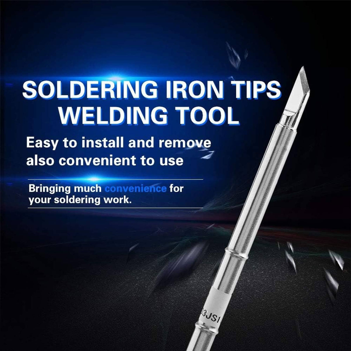 Soldering iron tip with pointed end on a silver metal shaft and white grip