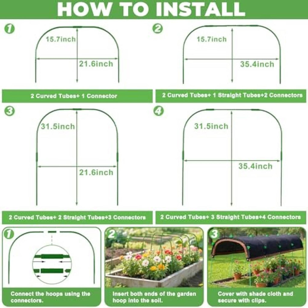 Garden shade cloth kit installation diagram with hoop frame assembly steps and sizes