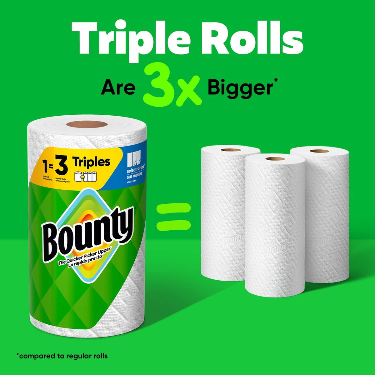 Three white paper towel rolls standing in Select-A-Size packaging