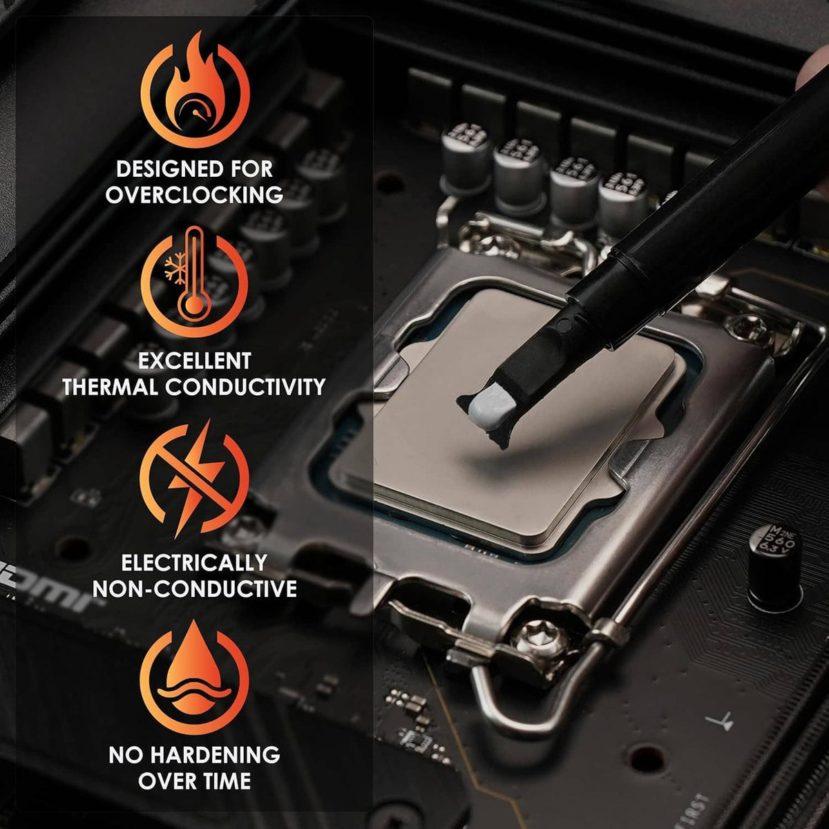 Thermal Grizzly thermal paste syringe dispensing onto computer processor