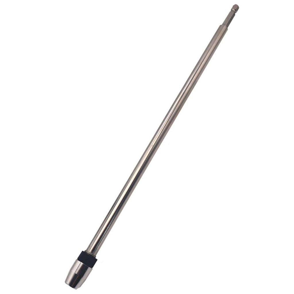 Steel bit holder extension with quick-release end, long cylindrical shaft, black collar