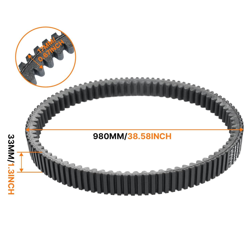 Black clutch drive belt, toothed edge-on profile shown with size measurement arrows.