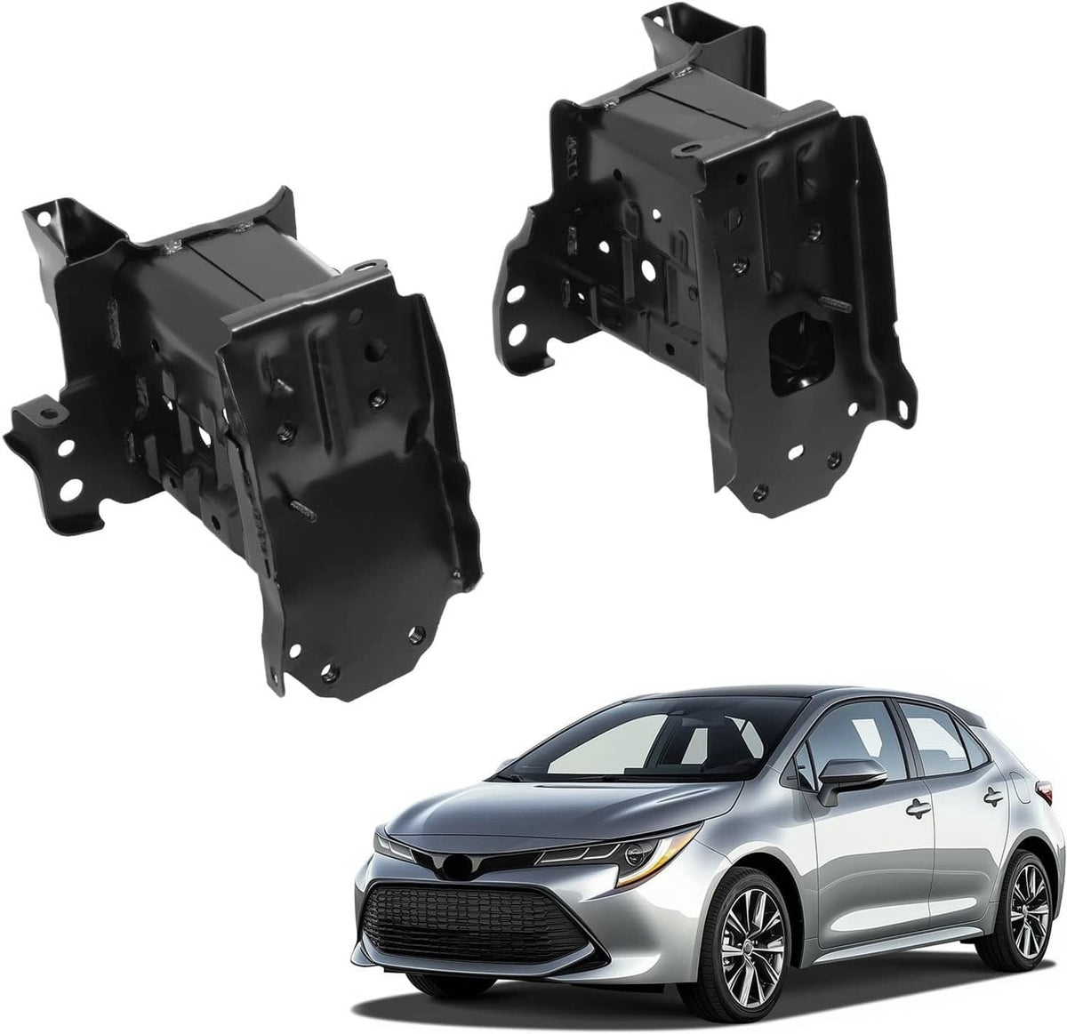 Pair of black steel front bumper reinforcement brackets shown beside a Corolla