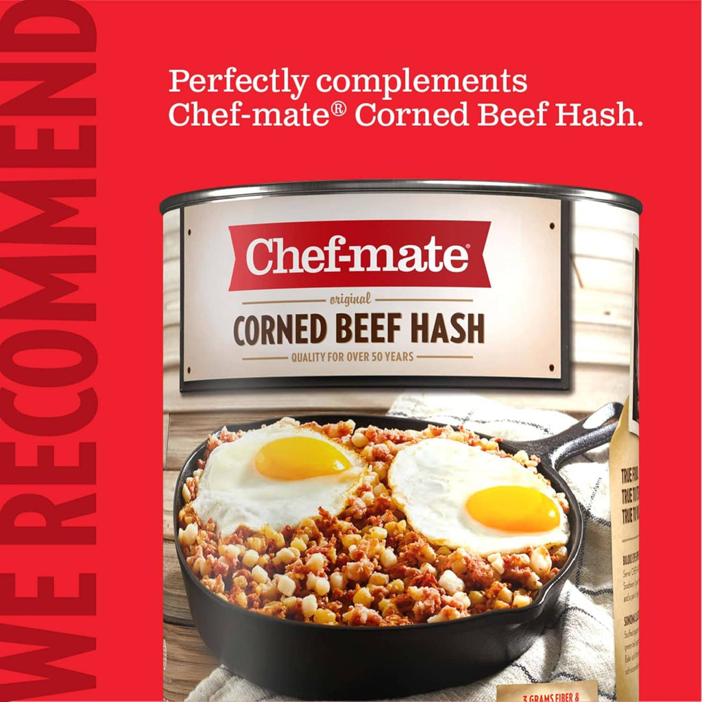 Chef-mate Corned Beef Hash can with two fried eggs in a skillet on label