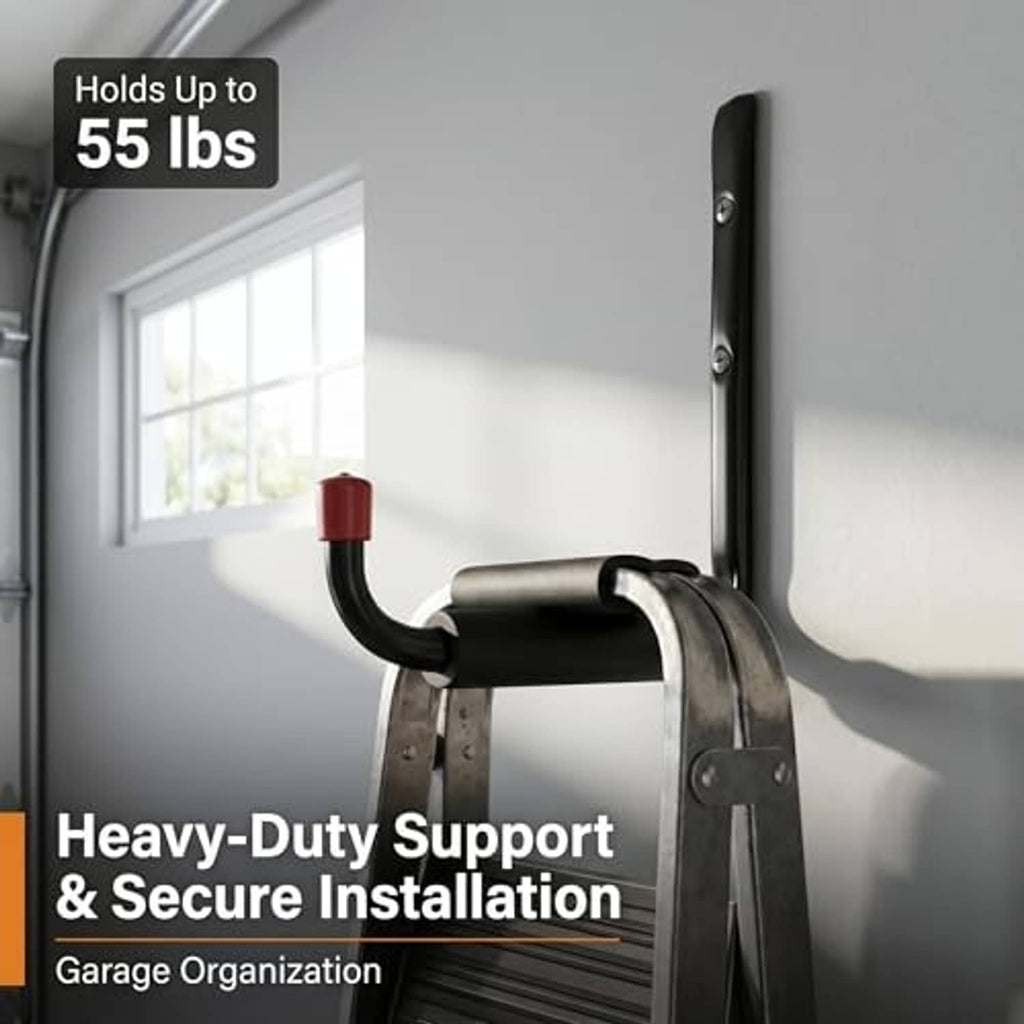 Heavy-duty steel J hook with black finish and red PVC end cap, mounted on bracket