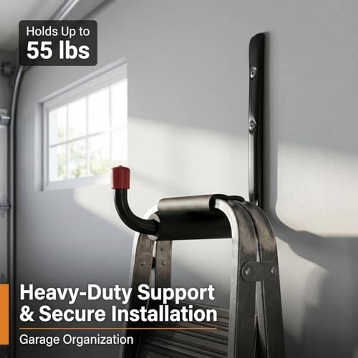 Heavy-duty steel J hook with black finish and red PVC end cap, mounted on bracket