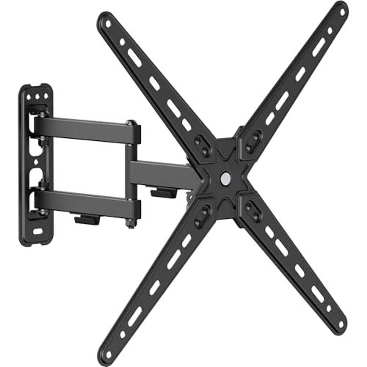 Black TV wall mount with wall plate and V-shaped extension arms