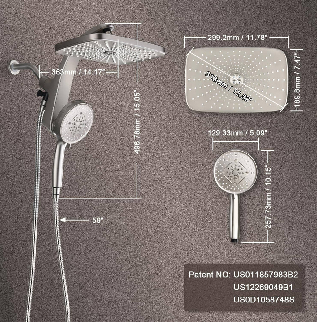 Dimension diagram of nickel rain shower head, handheld, and hose with measurements