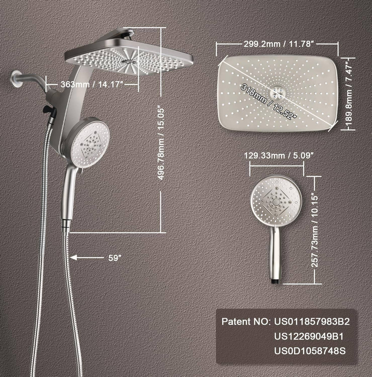 Dimension diagram of nickel rain shower head, handheld, and hose with measurements