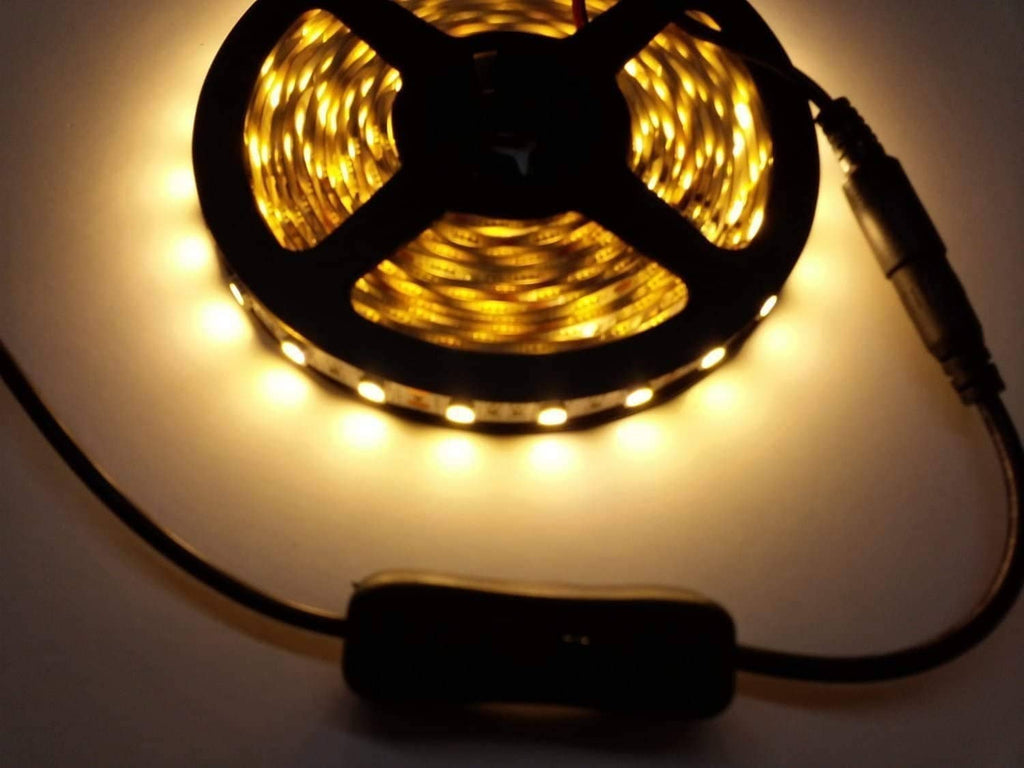 LED strip light with inline on/off switch and warm white glowing LEDs