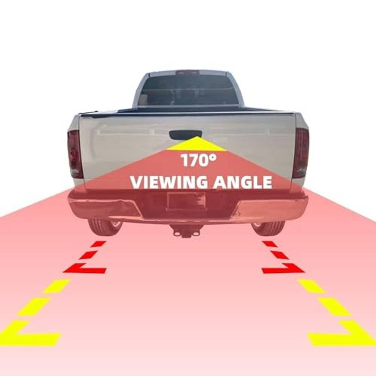 Pickup rear-view camera wide viewing angle guide with on-screen trajectory lines