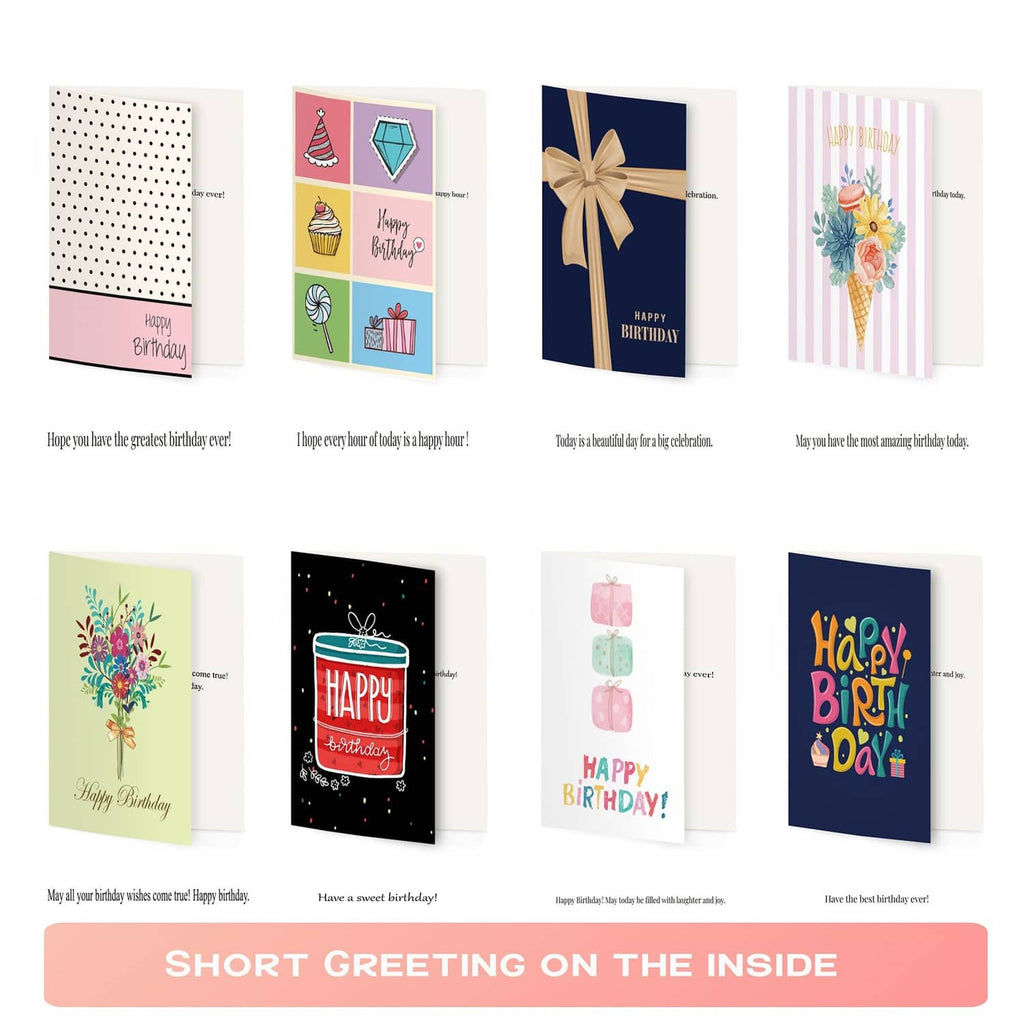 Birthday greeting cards featuring floral, cake, and gift designs on folded fronts