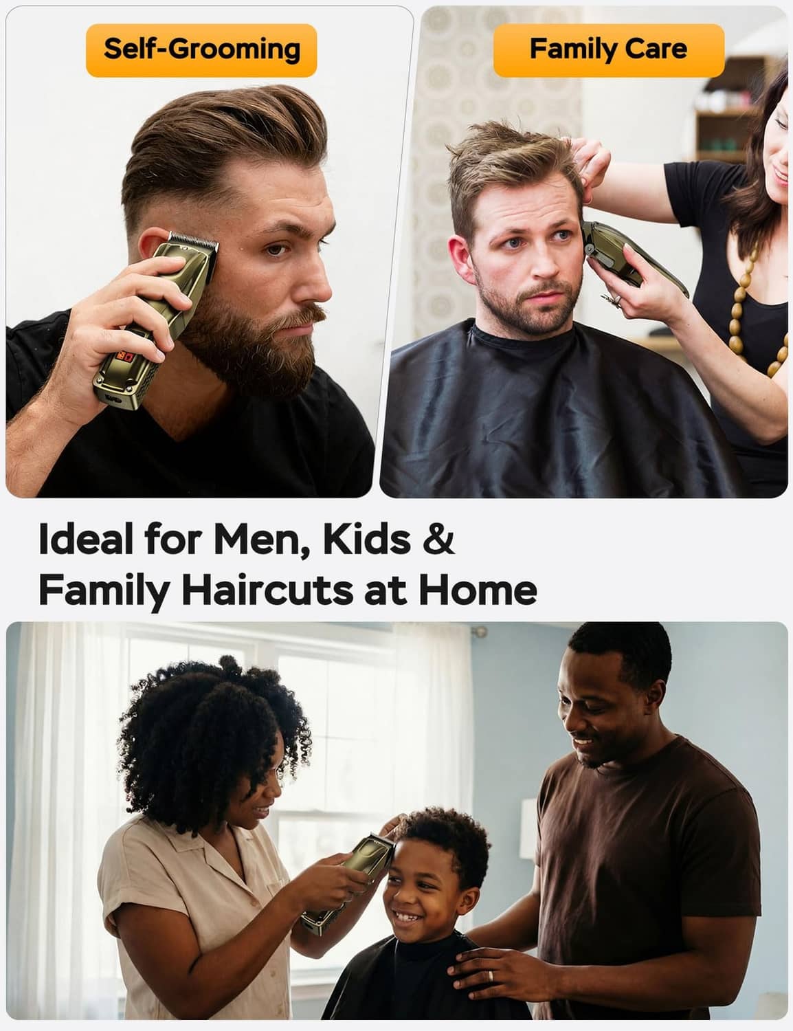 Gold hair clipper held for home haircut on a man with beard and hair