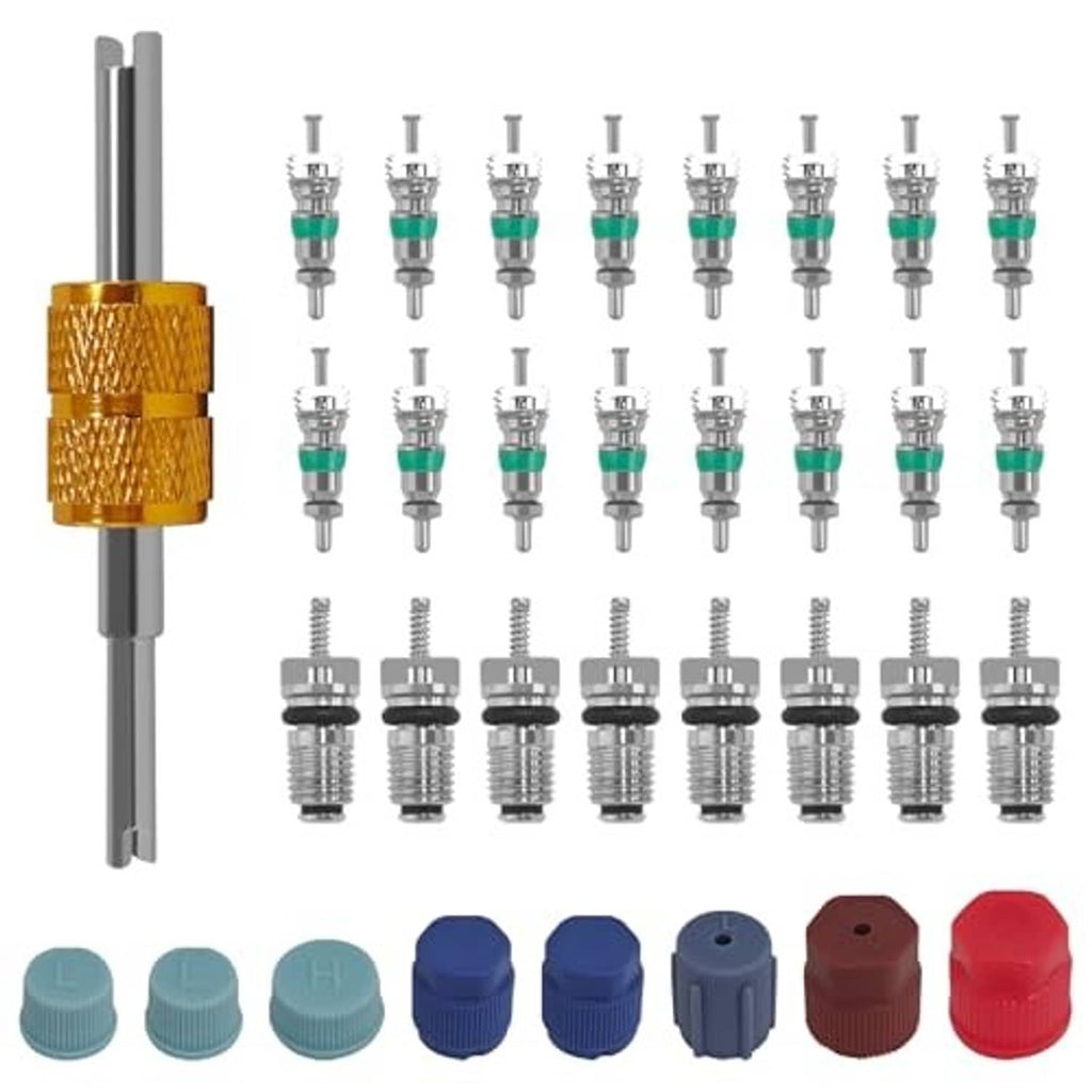 Car AC valve core kit with gold tool, multiple metal valve cores, and colored caps