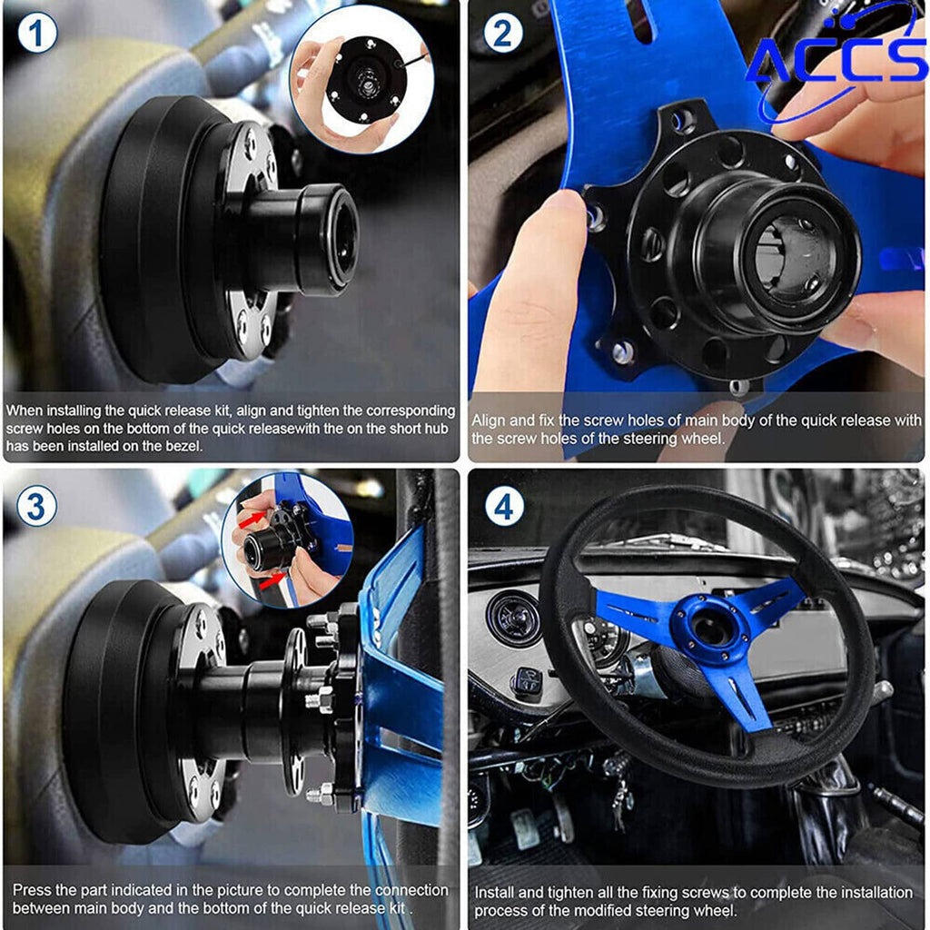 Black quick-release steering wheel hub with center horn button and mounting bolts