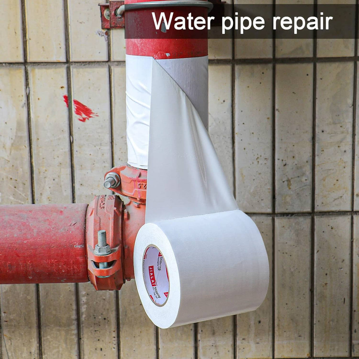 White duct tape wrapped around a metal water pipe for repair, roll on pipe.