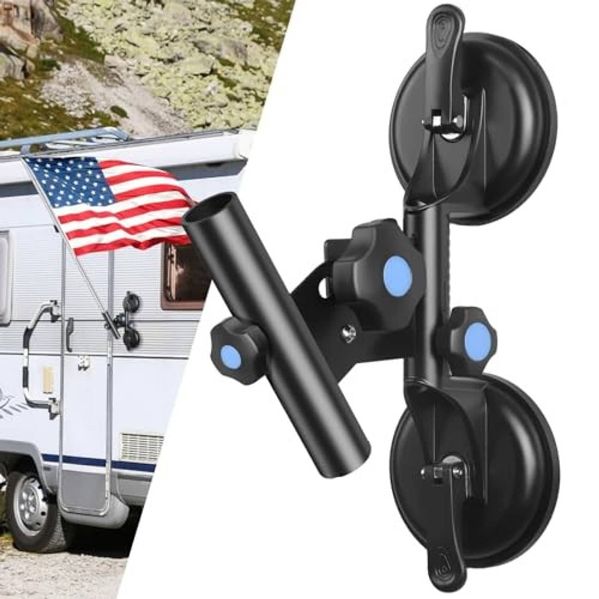 Black dual-suction flag pole mount bracket with angled support arm and two suction cups