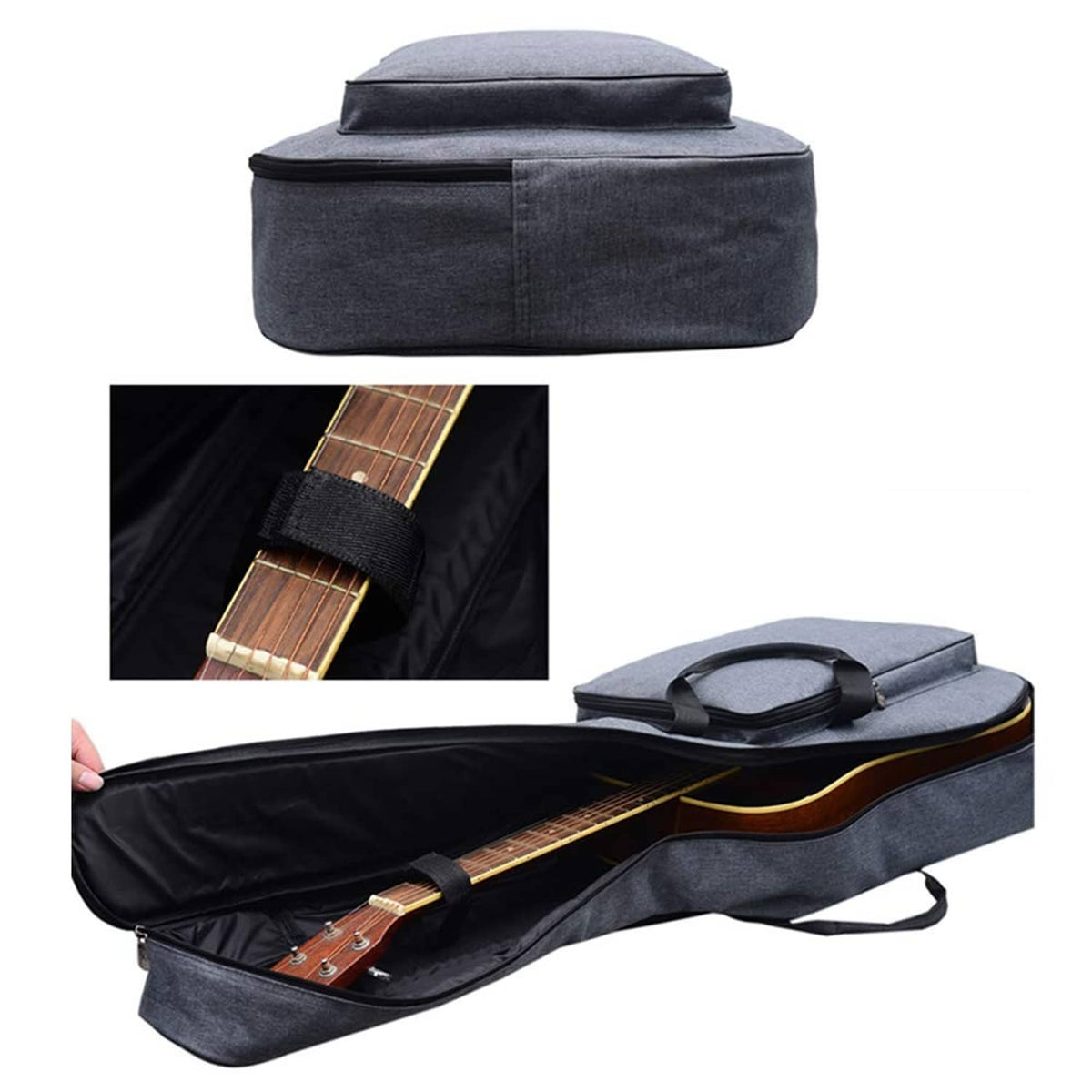 Open jumbo guitar gig bag in dark gray, padded interior with strap handles.