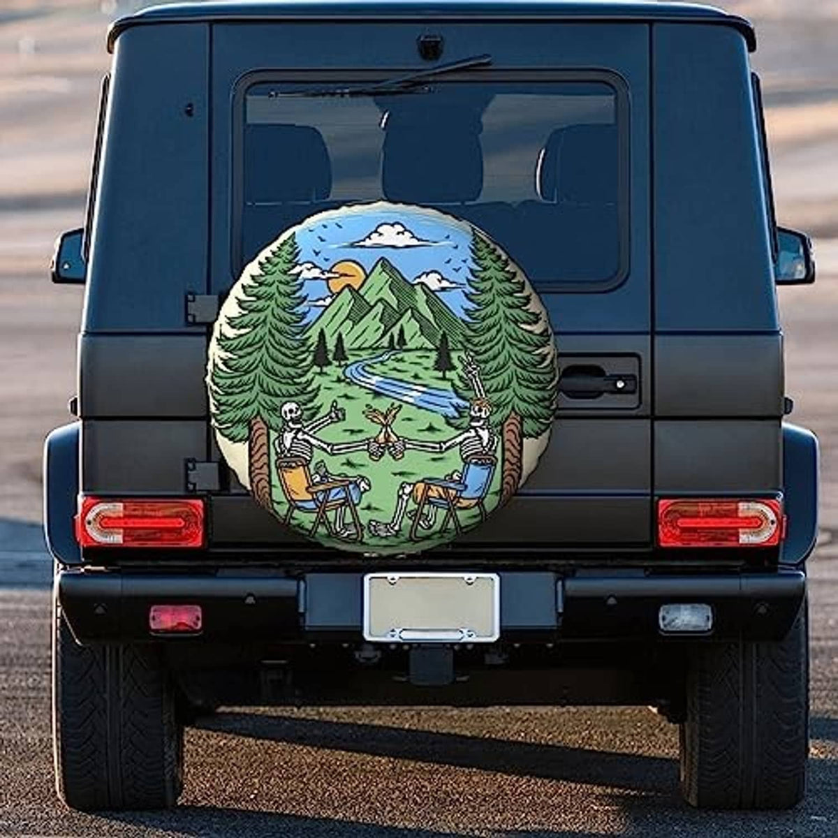 Spare tire cover on rear of blue van, featuring a colorful camping landscape graphic
