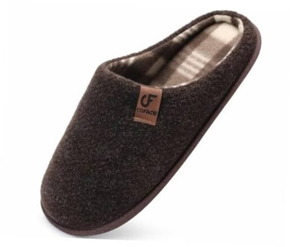 Dark brown felt scuff slippers with plaid-lined interior, open-heel slip-on