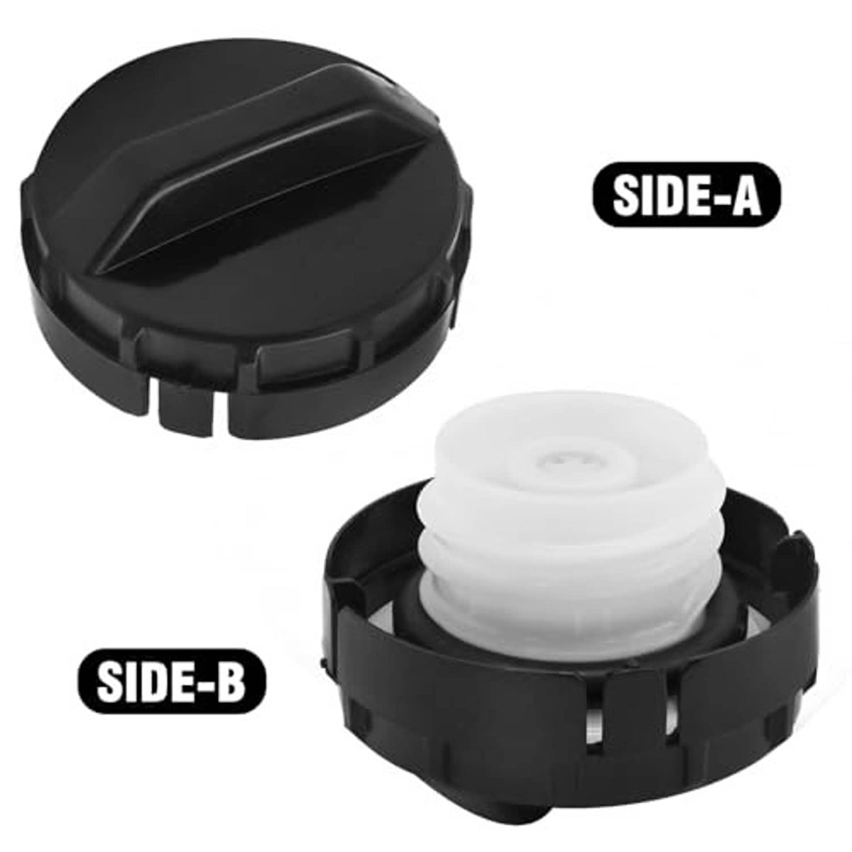 Fuel tank cap replacement shown from two angles with white insert and black ring