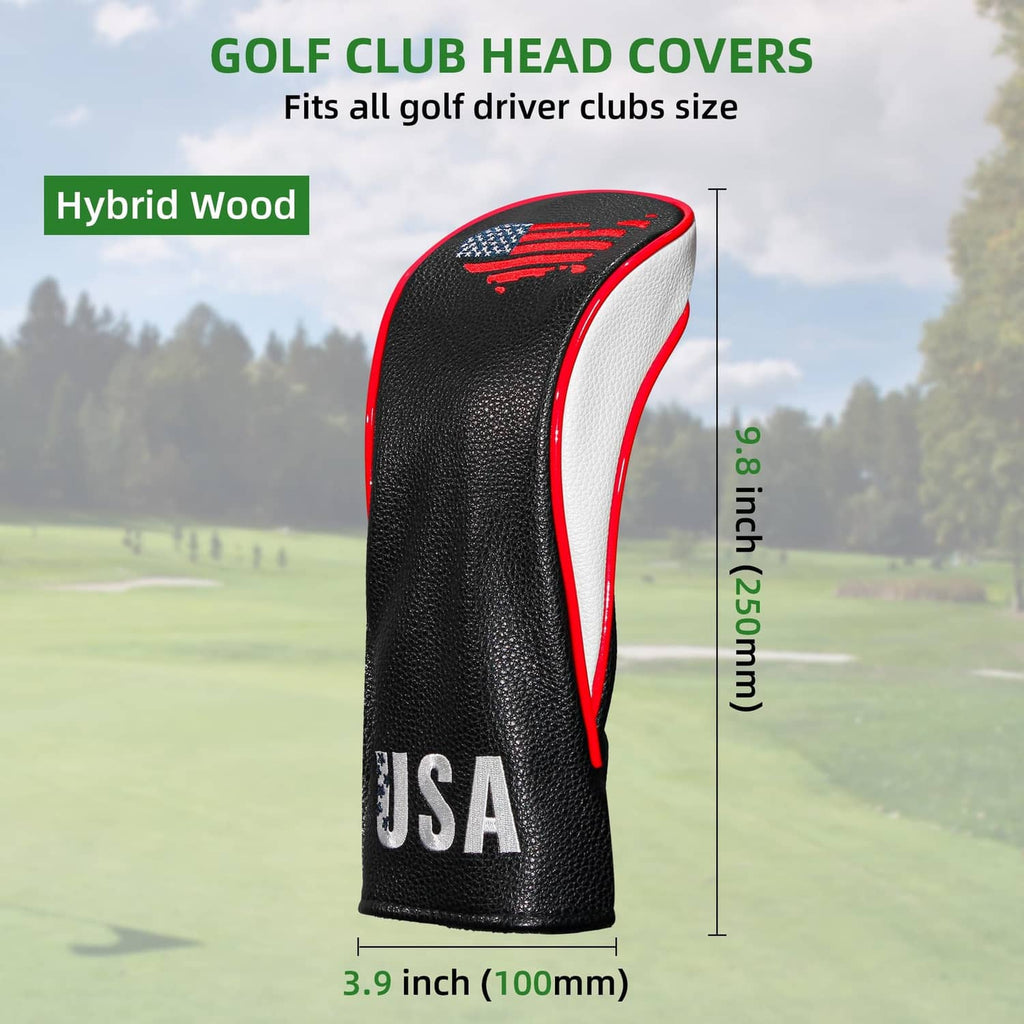 Black golf hybrid headcover for wood clubs with white/red piping and USA logo