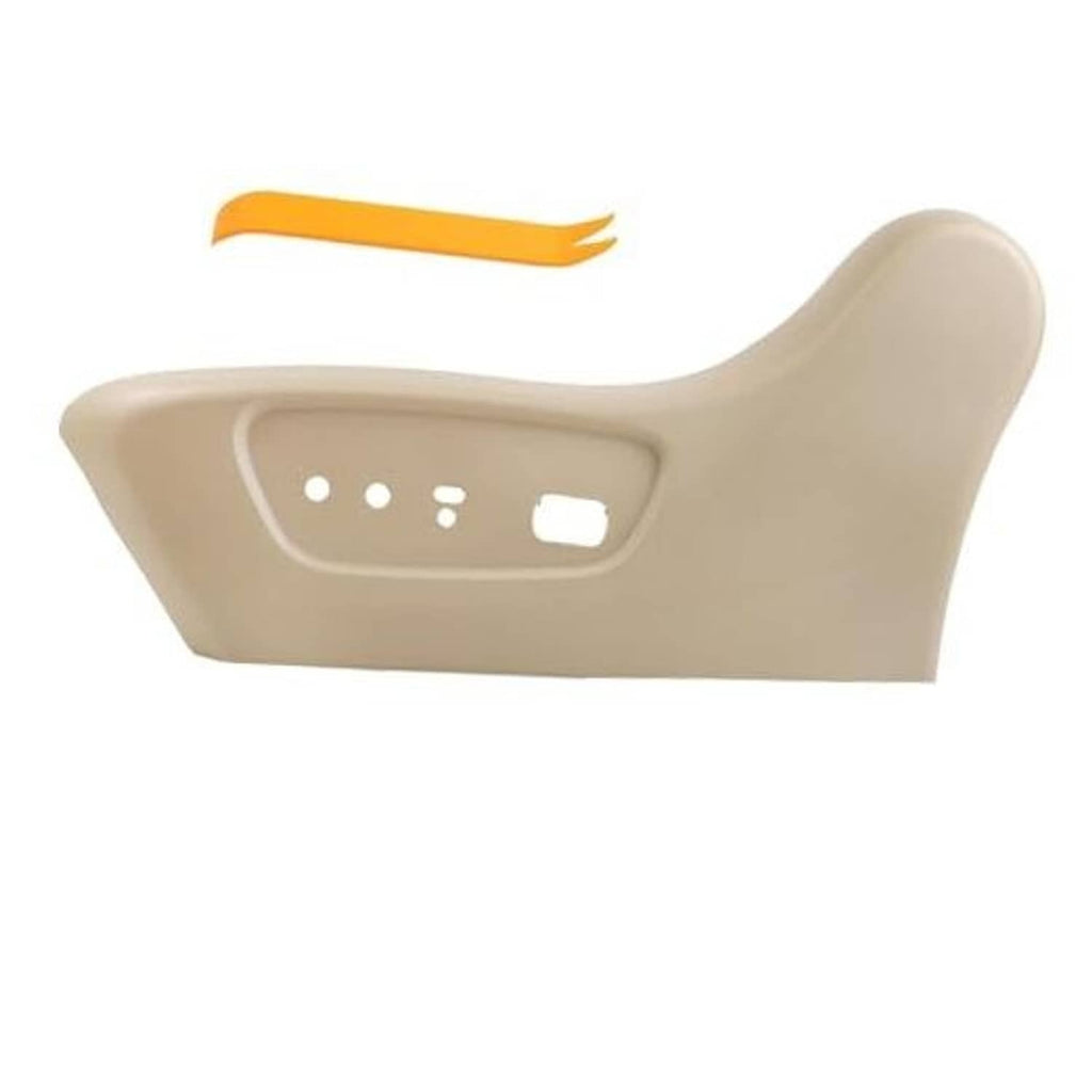 Beige front driver side seat outer trim panel with switch and button cutouts
