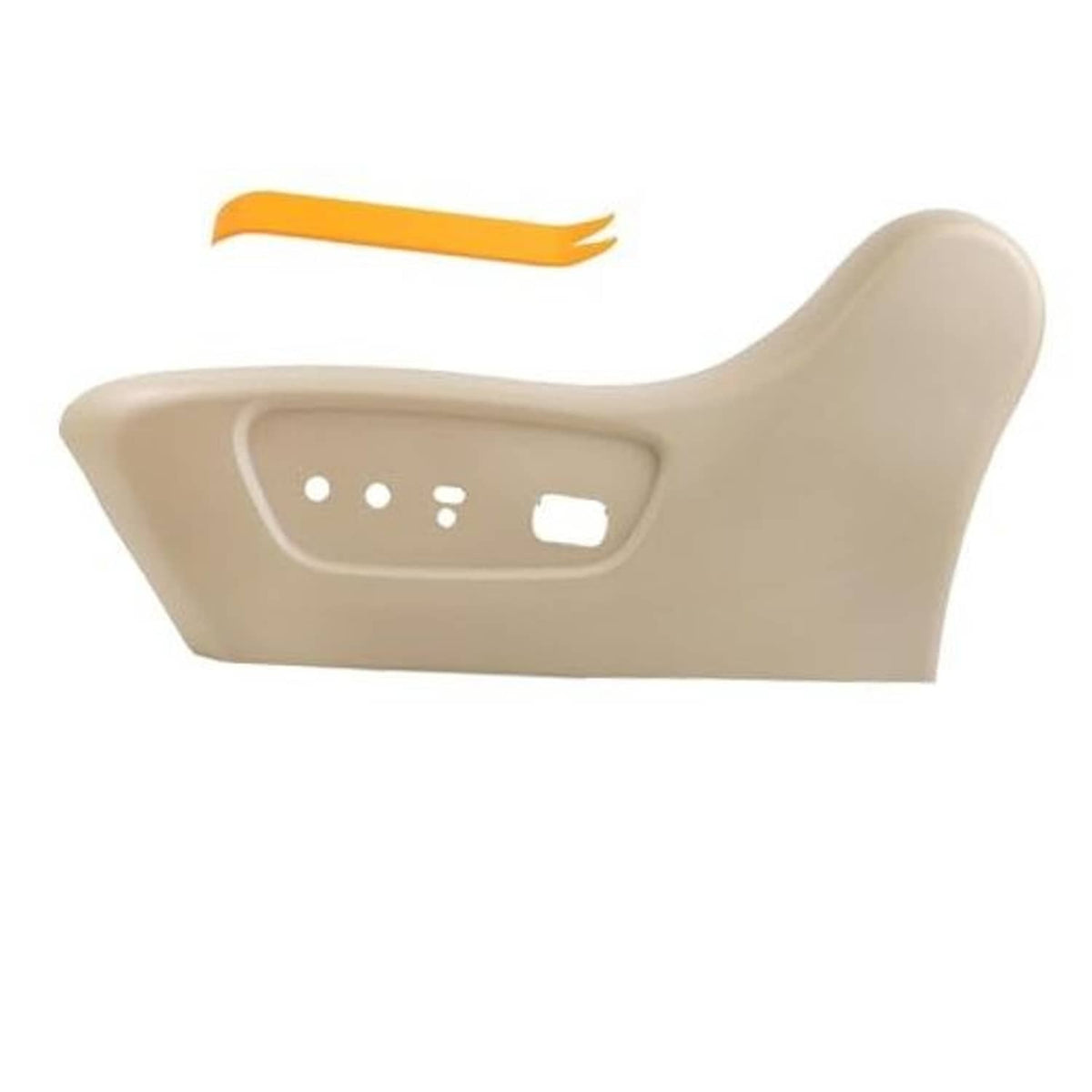 Beige front driver side seat outer trim panel with switch and button cutouts