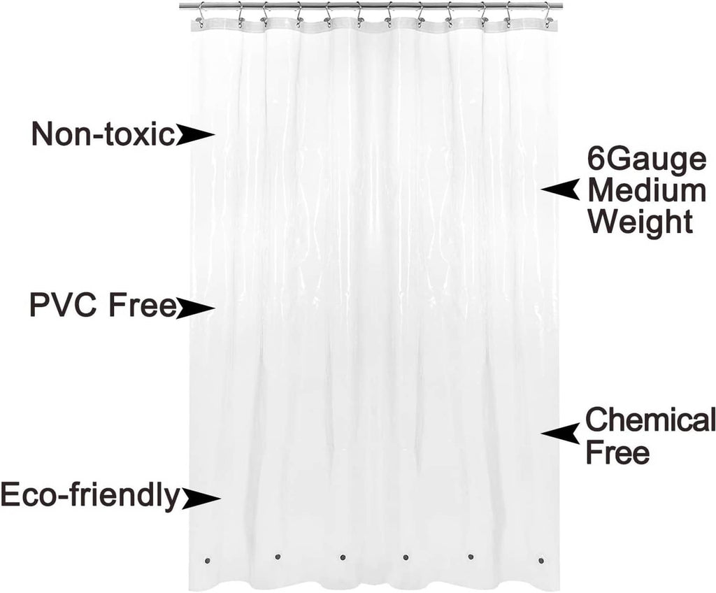 Clear shower curtain liner panel with top grommet holes and weighted bottom