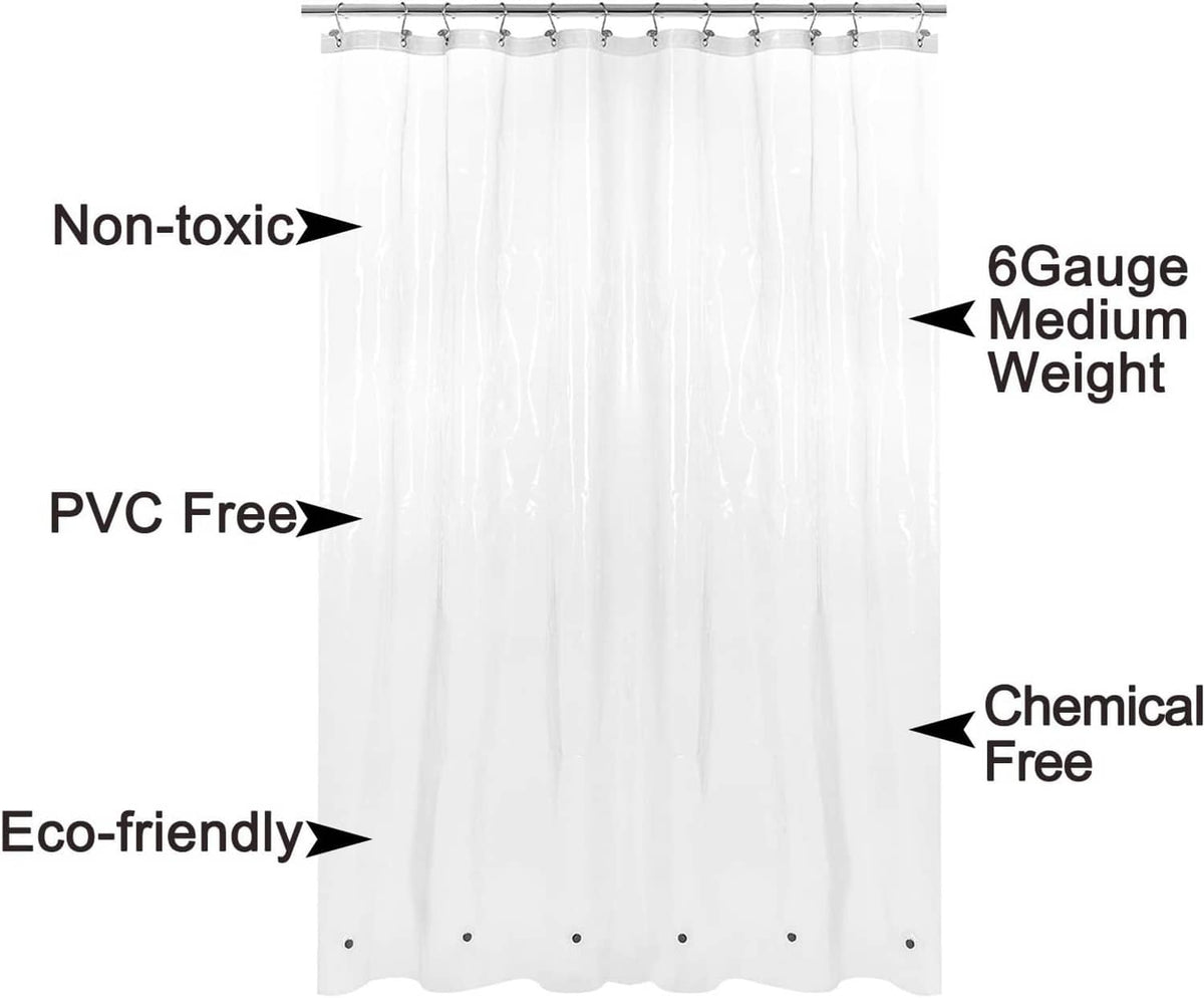 Clear shower curtain liner panel with top grommet holes and weighted bottom