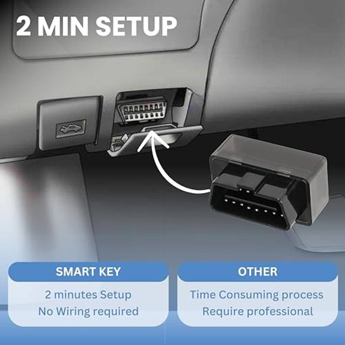 OBD car key programmer connector setup with 2 min setup prompt on dashboard