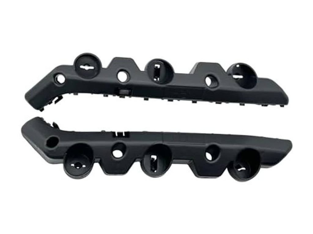 Front bumper support bracket retainers pair, black plastic brackets with recessed bolt holes