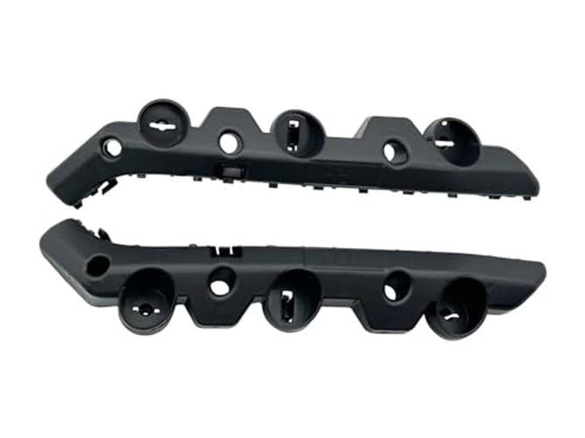 Front bumper support bracket retainers pair, black plastic brackets with recessed bolt holes