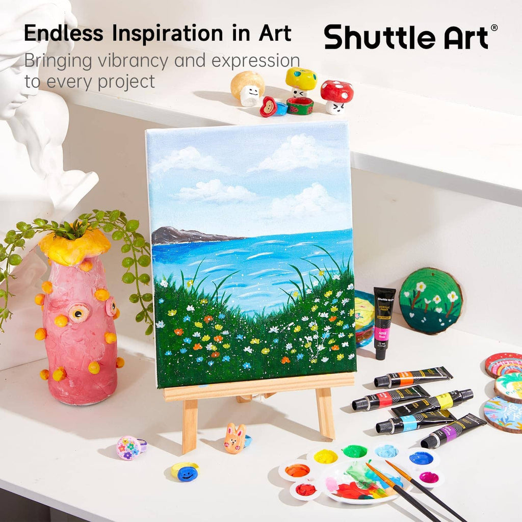 Acrylic paint set with easel canvas and assorted paint tubes for art projects