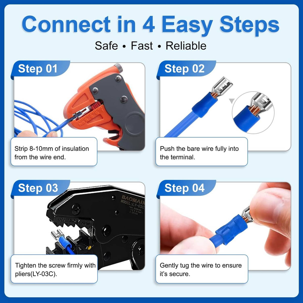 Red insulated crimp terminal installation steps with wire stripping and crimping tool