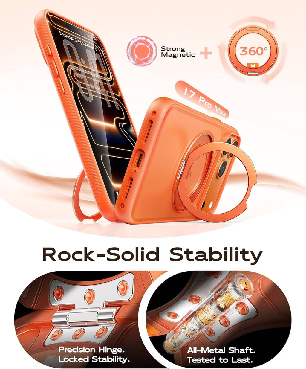 Orange iPhone 17 Pro Max case with MagSafe ring and stable 360 kickstand