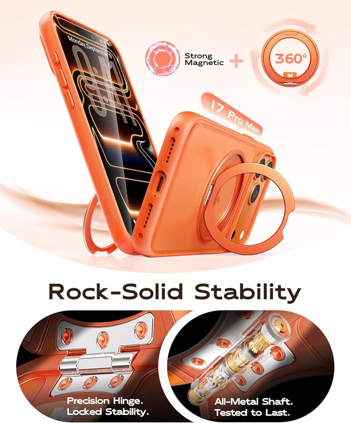 Orange iPhone 17 Pro Max case with MagSafe ring and stable 360 kickstand
